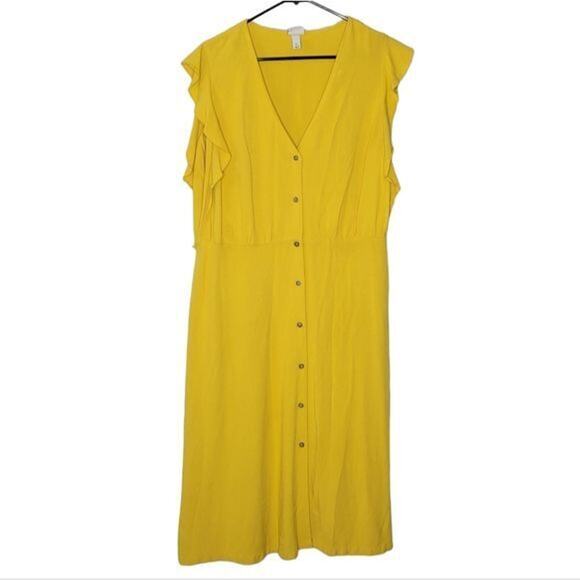 A New Day Yellow Rayon Ruffle Sleeve V-neck Button Front Midi Dress Women's XL - Picture 1 of 8